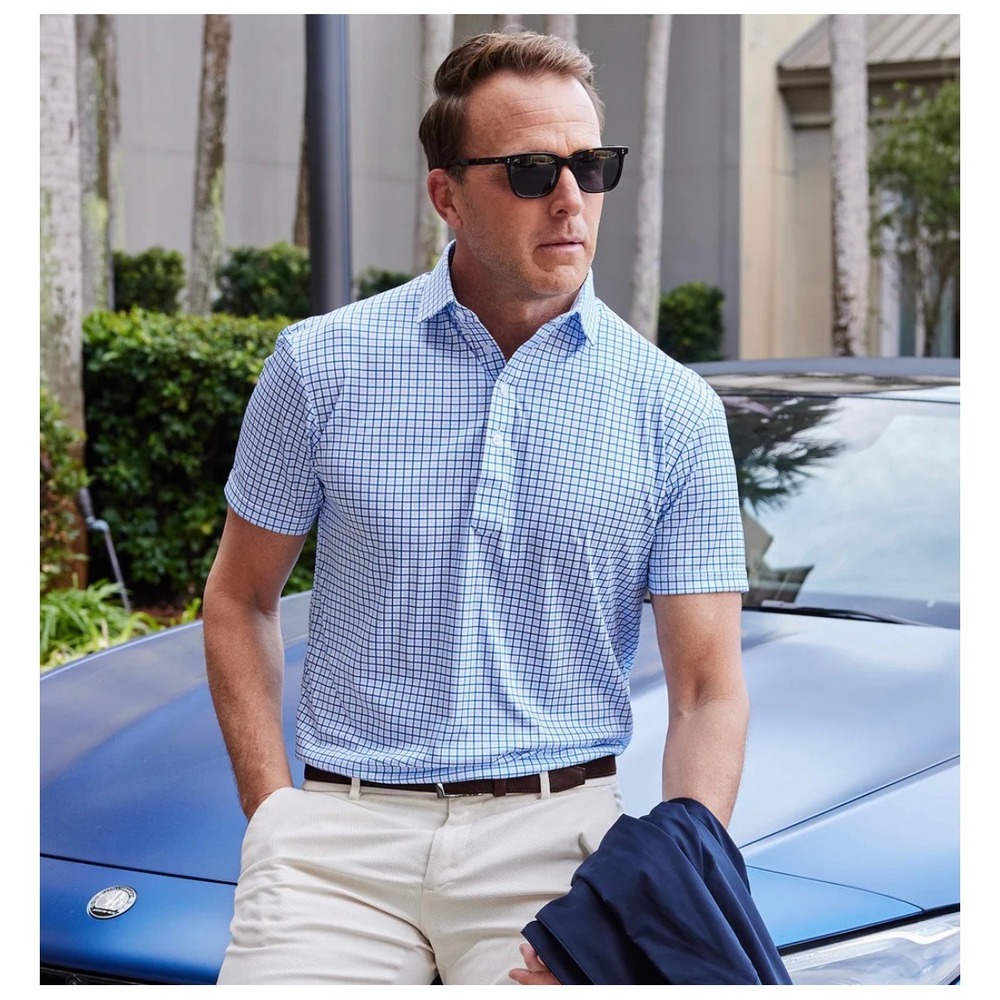 Collars & Co Mens Size 2XL Polo Shirt Blue Tattersall Check Stretch Relaxed NWT